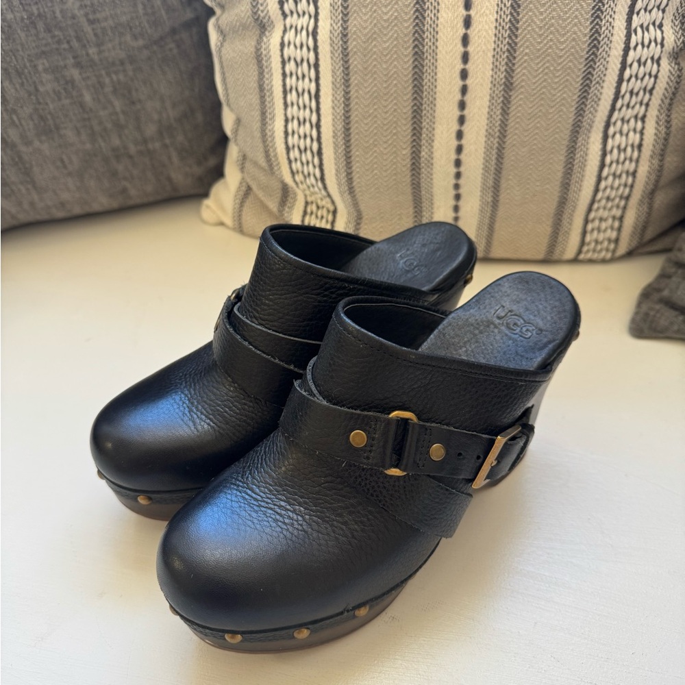 UGG Women's Black Leather Mules with Gold Accents